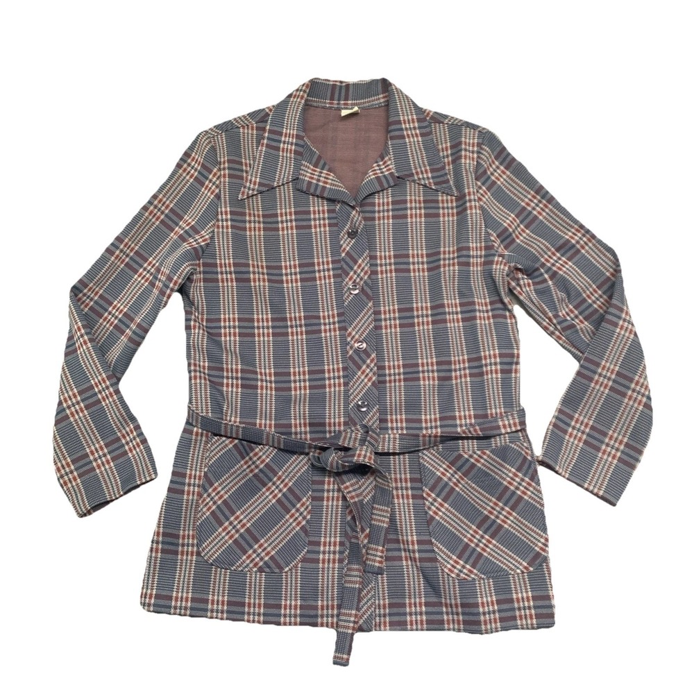 VTG 70s Plaid Safari Jacket Belted Dagger Collar Leisure Shirt-Jac Womens 15/16